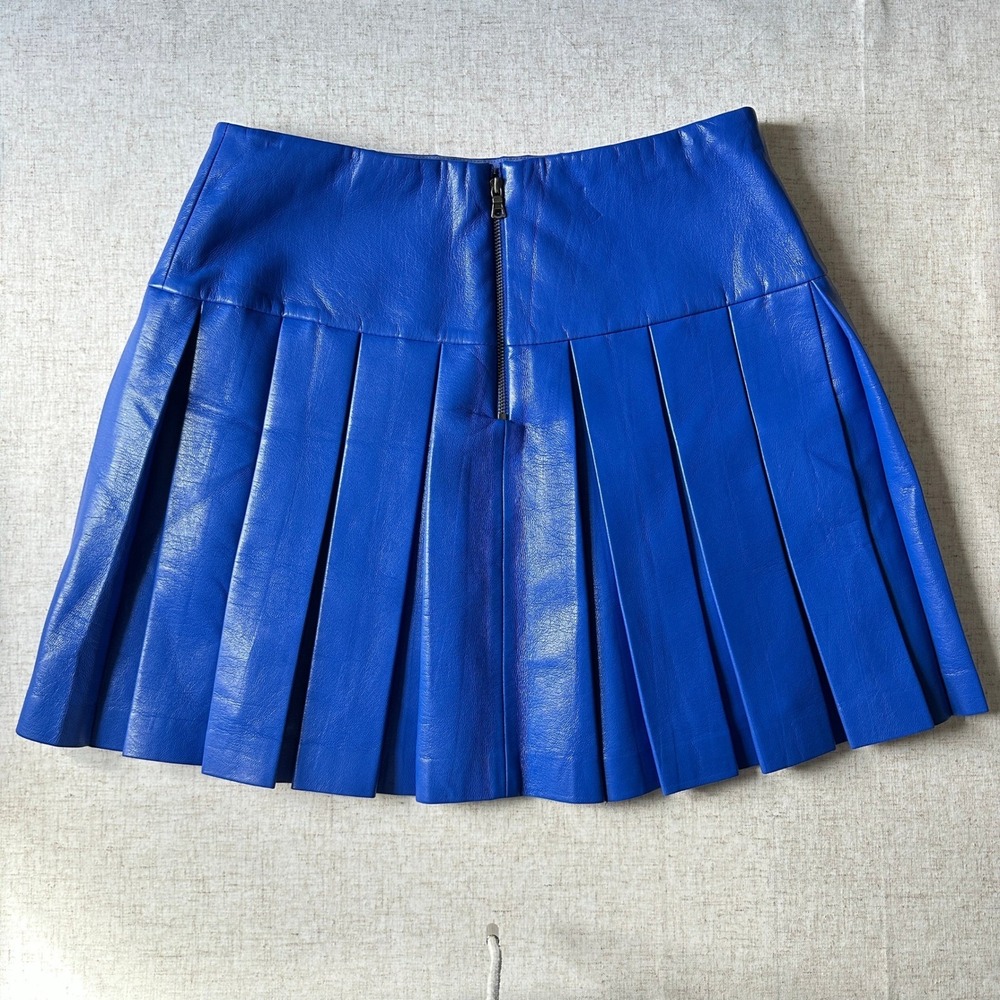 Alice + Olivia Emilie Vegan Leather Box Pleated Mini Skirt Size 6 | Royalty Blue - Picture 7 of 12